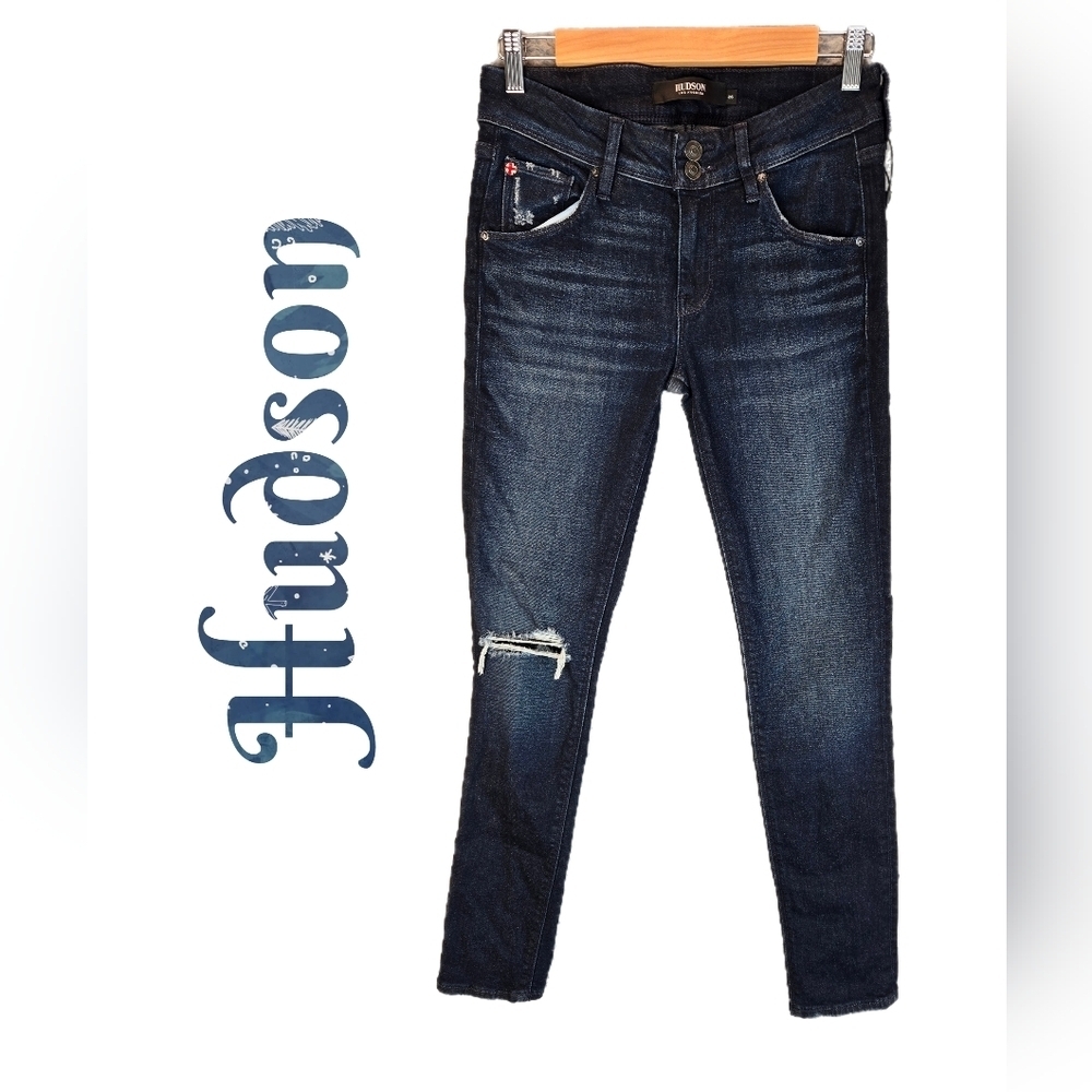 Hudson Womens Collin Midrise Skinny Distressed Blue Denim Jeans Sz 26x29